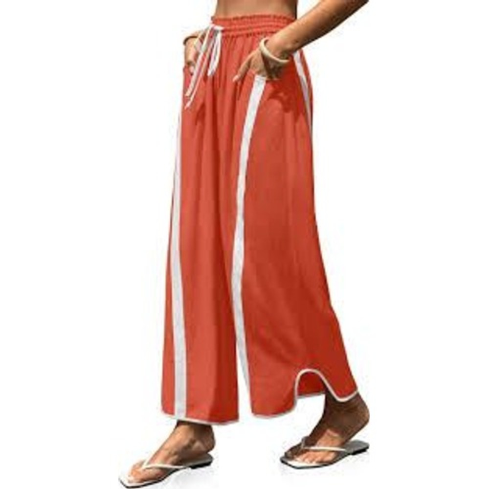 TARSE Medium Wide Leg Pants Orange Linen Blend Contrast Stitch Boho Viral